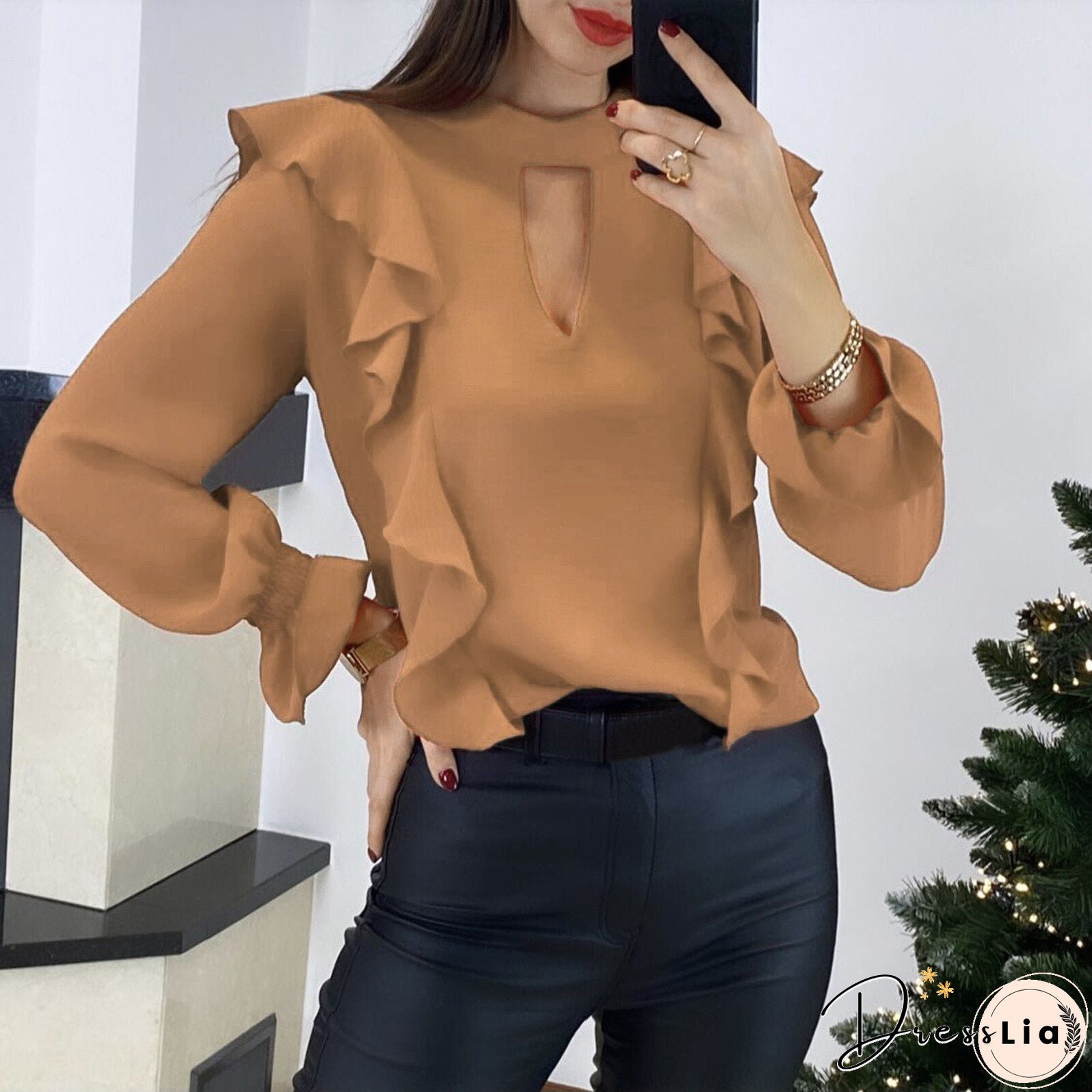 Fashion Hollow Out Long Sleeve Women Tops And Blouses Autumn Green Top Femme Ruffles Woman Shirts Blouses Femme Blouse