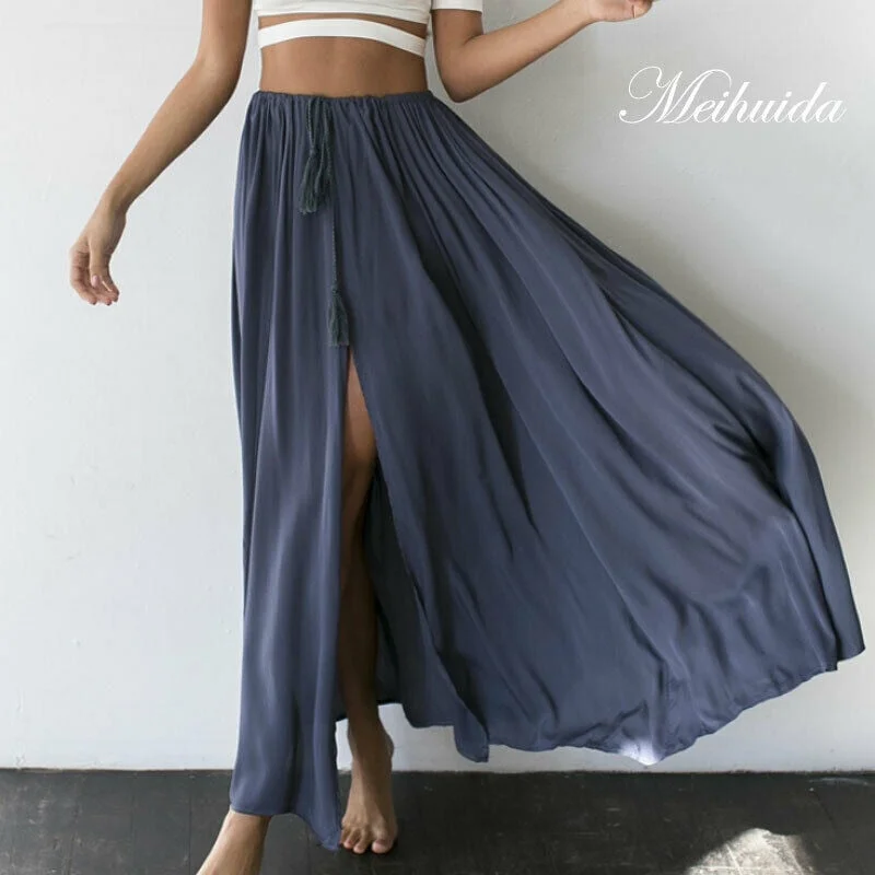 Hirigin Women Casual Loose Comfortable Skirts Ladies Solid Color Gypsy Long Maxi Full Skirt Female Summer Side Slit Beach Skirt