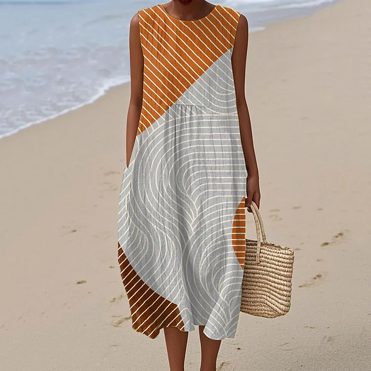 Simpfit Ärmelloses Nachahmung aus Baumwolle und Leinenkleid im Vintage-Stil mit abstrakter geometrischer Kunst für Damen