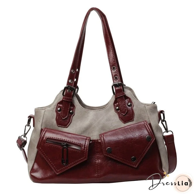 Cross-Border Retro HOT and NEW Large Capacity Shoulder Bag New Crossbody Bag Stitching Women's Bag Simple Soft Leather Tote