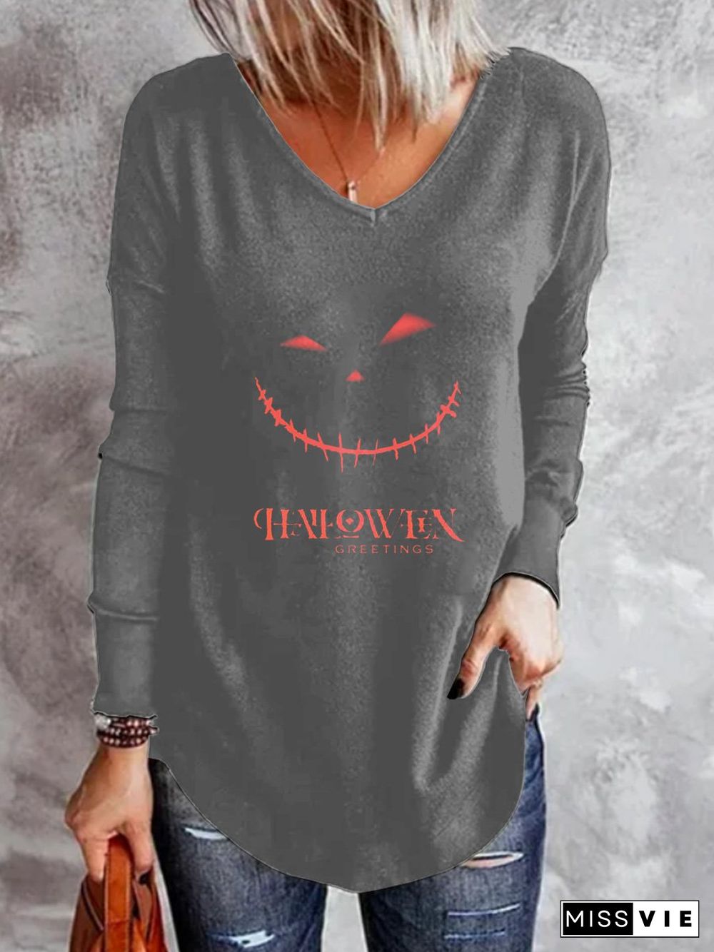 Off Shoulder Casual Cotton Blends Cartoon Halloween T-shirt