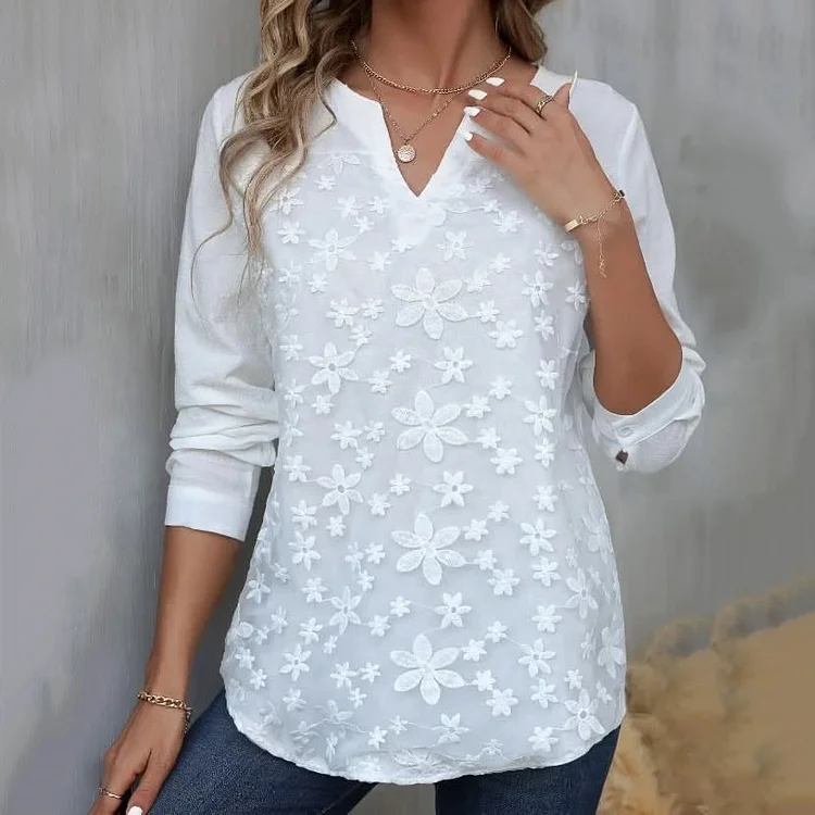 Simpfit Elegantes Langarmshirt mit V-Ausschnitt und Spitzenstickerei