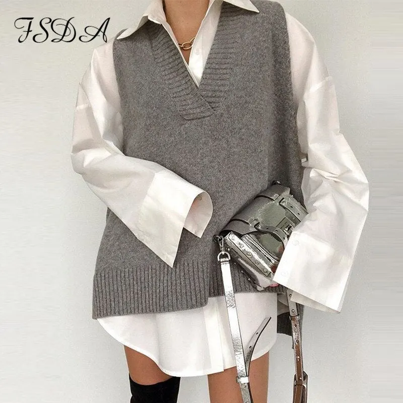 FSDA V Neck 2020 Women Split Vest Sweater Dress Sleeveless Gray Autumn Winter Loose Casual Knitted Jumper Oversized Pullover