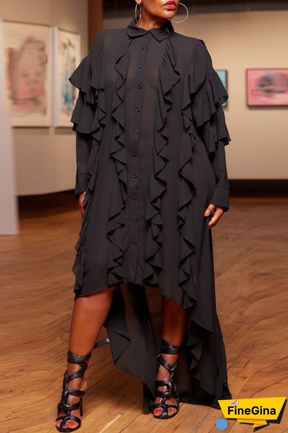 Black Casual Solid Patchwork Asymmetrical Turndown Collar Shirt Dress Dresses