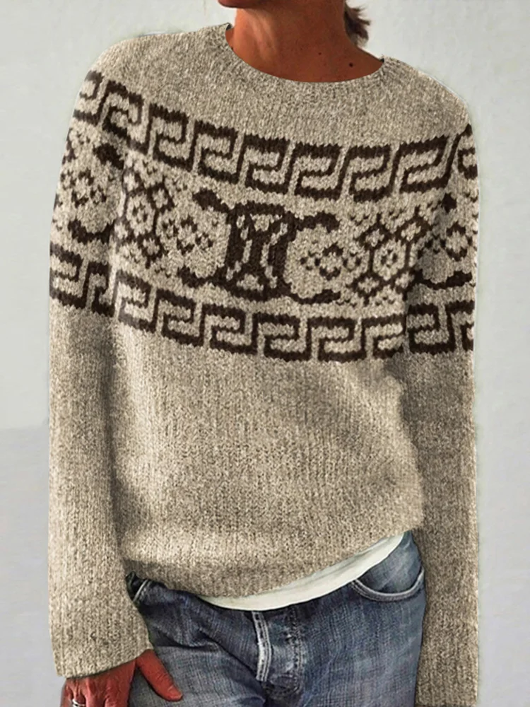 Greek Key Pattern Knit Pullover Crew Neck Sweater