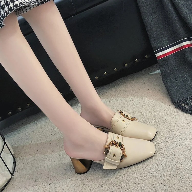Breakj Slippers Women Wear The New Korean Version Of Fashion Baotou Diamond Thick Heels Muller Shoes Fashion Flip-Flops In Spring And Summer 2024
