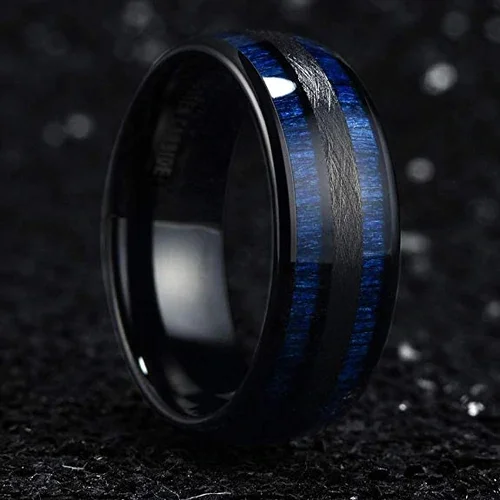6MM 8MM Women's or Men's Tungsten Carbide Wedding Rings Black and Blue Tone with Maple Wood Inlay High Polish Domed Top