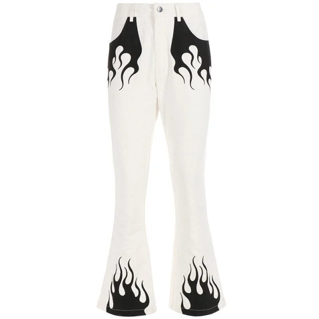 Women High Waist Flared Trousers Fire Print Bottom