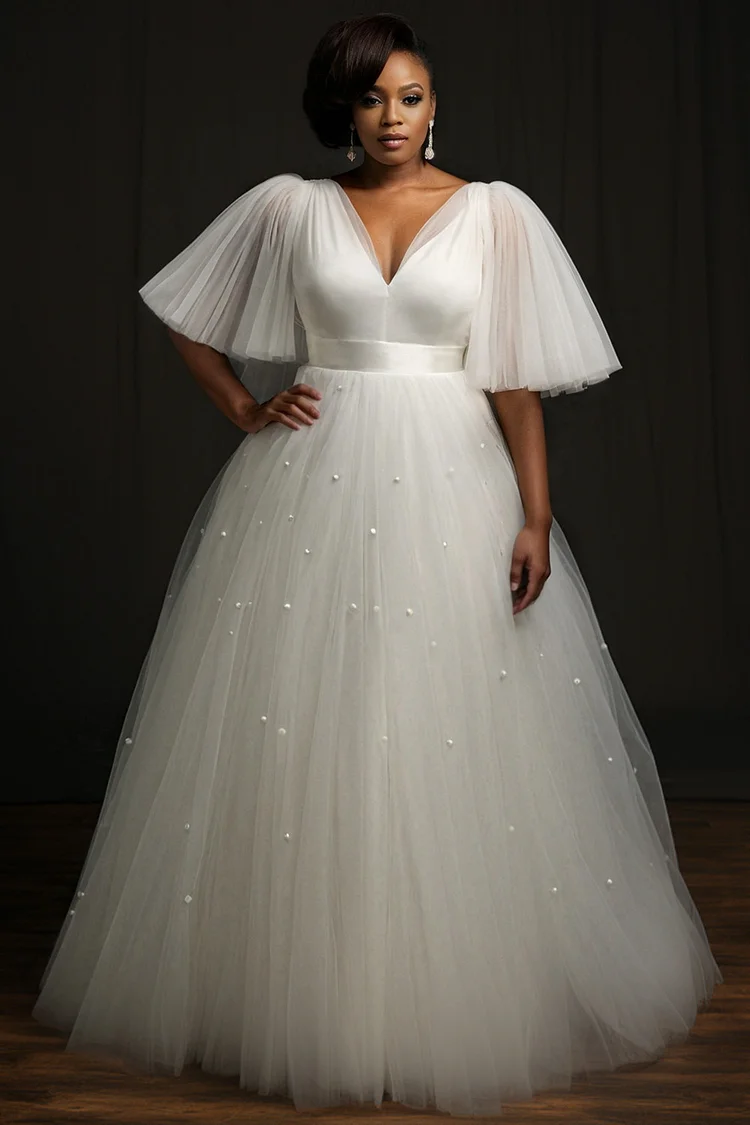 Xpluswear Design Plus Size Wedding White V Neck Short Sleeve Pearls Elegant Tulle Maxi Dresses [Pre-Order] 2024 - Xpluswear