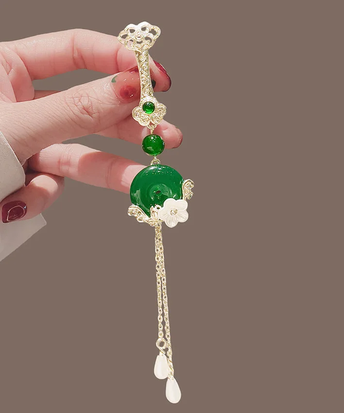 Novelty Green Alloy Jade Ping Buckle Floral Tassel Brooches