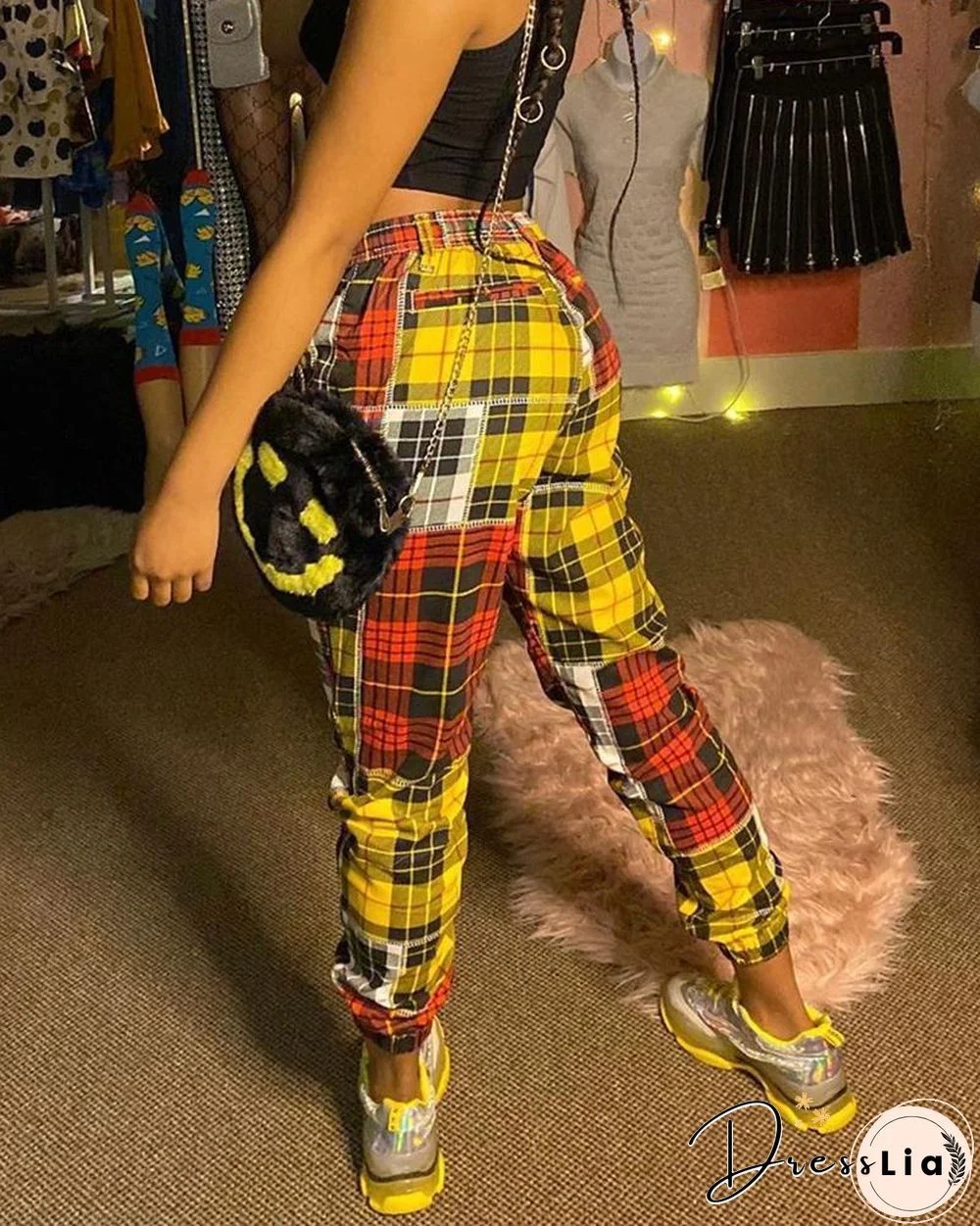 Casual Color Block Plaid Pencil Pants