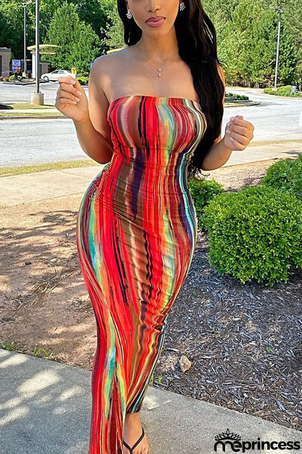 rose red Sexy Print Tie-dye Backless Strapless Pencil Skirt Dresses