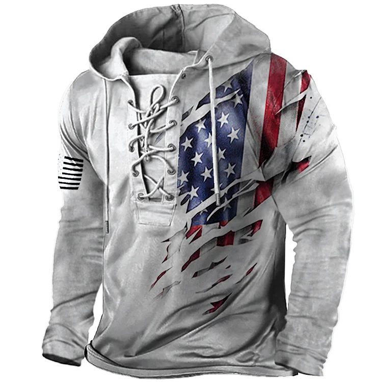 Men's Vintage American Flag Print Lace-Up Hooded Long Sleeve T-Shirt acca