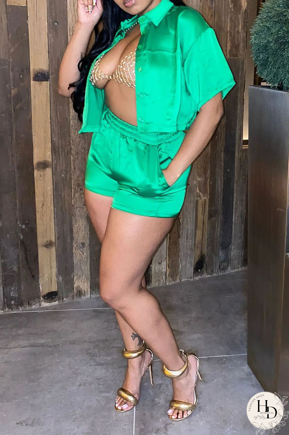 Rose Red Casual Solid Patchwork Buckle Turndown Collar Short Sleeve Two Pieces