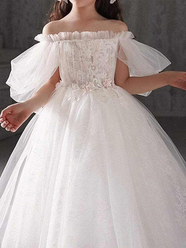 Oknass Ball Gown Half Sleeve Off Shoulder Flower Girl Dresses Polyester With Appliques