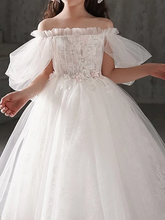 Daisda Ball Gown Half Sleeve Off Shoulder Flower Girl Dresses Polyester With Appliques