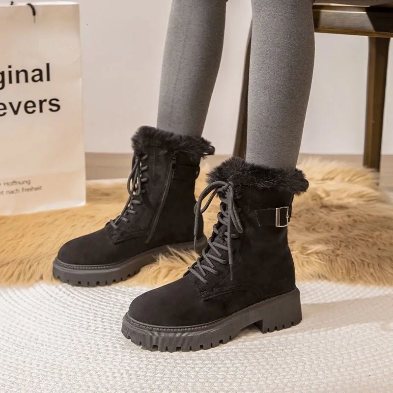2022 New Winter Women Boots Suede Leather Women Flat Platform Mid-Calf Boots Ladies Shoes Fashion Winter Plush Fur Warm Boots