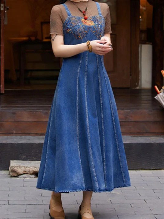 Women's Denim Embroidered Suspender Skirt
