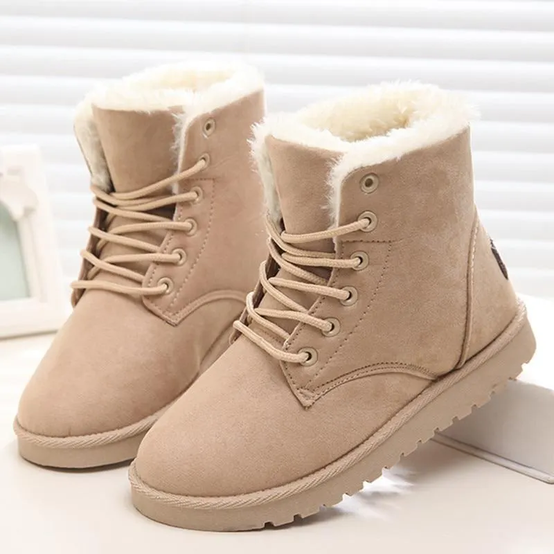 Women Snow Boots Flat Lace Up Winter Plus Size Platform Ladies Warm Shoes 2021 New Flock Fur Women's Suede Ankle Boots Female 1109