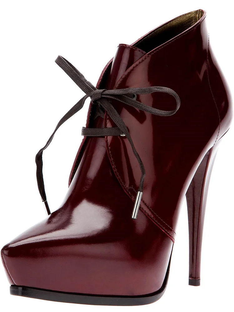 Burgundy Patent Leather Lace Up Platform Stiletto Boots Vdcoo