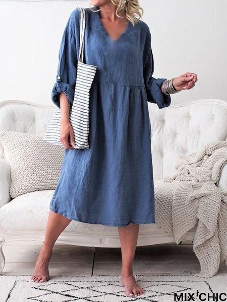 Long Sleeve Buttoned Simple & Basic Skirts Linen