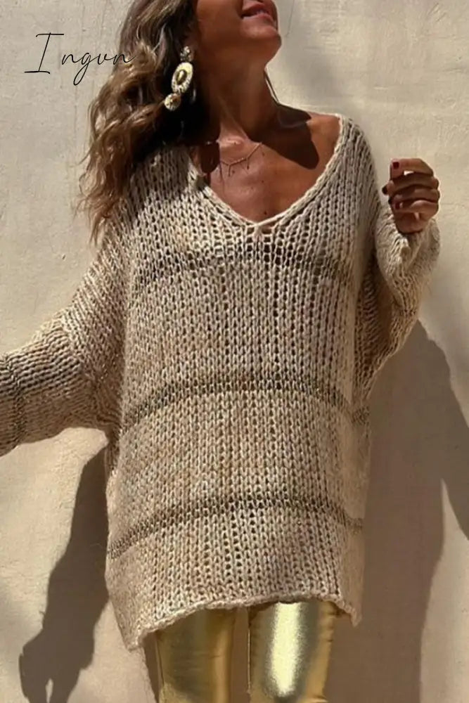 Ingvn - Casual Solid Weave V Neck Tops Apricot / S/M Tops/Sweaters & Cardigans