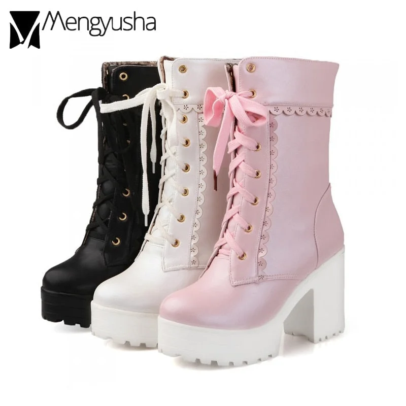 Winter Women shoes pink flower slide chunky knight boots thick bottom lace-up ankle botas platform high heel chelsea boots mujer