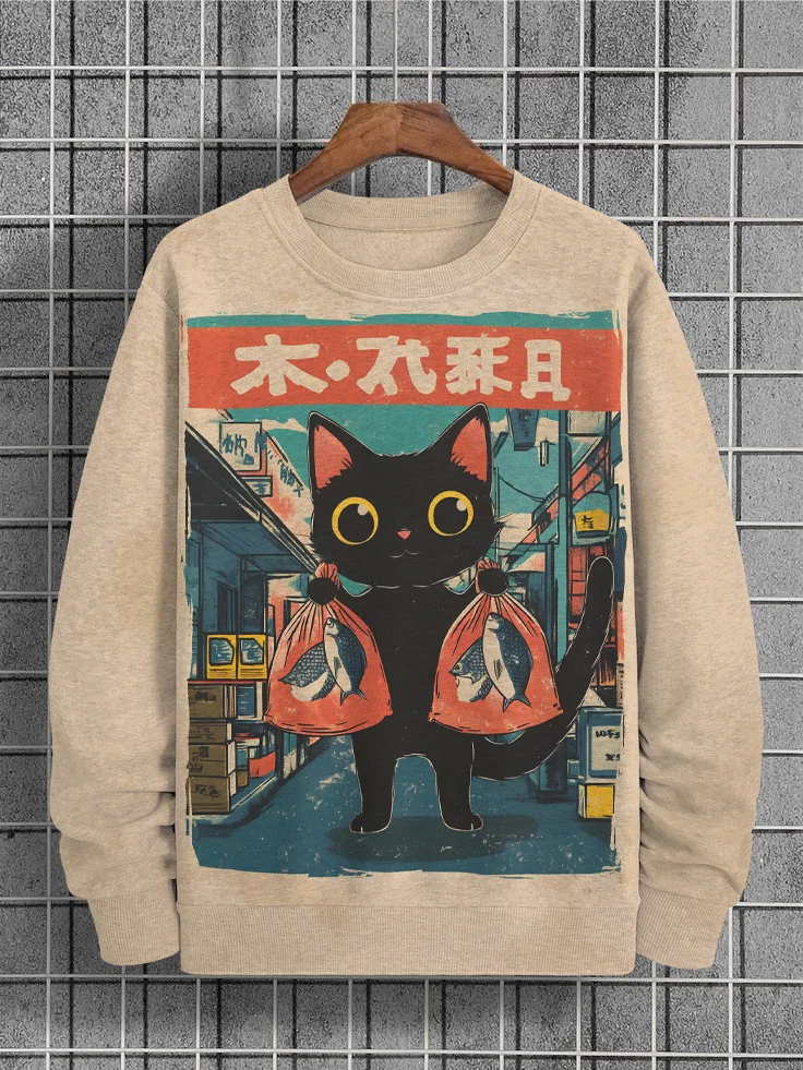 Men's Black Cat and Fish Japanese Illustration Print Casual Sweatshirt