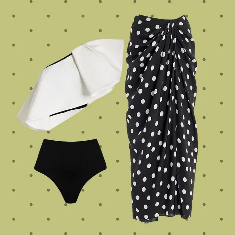 One Shoulder Ruffle Polka Dot Printed Bikini Swimsuit and Sarong 