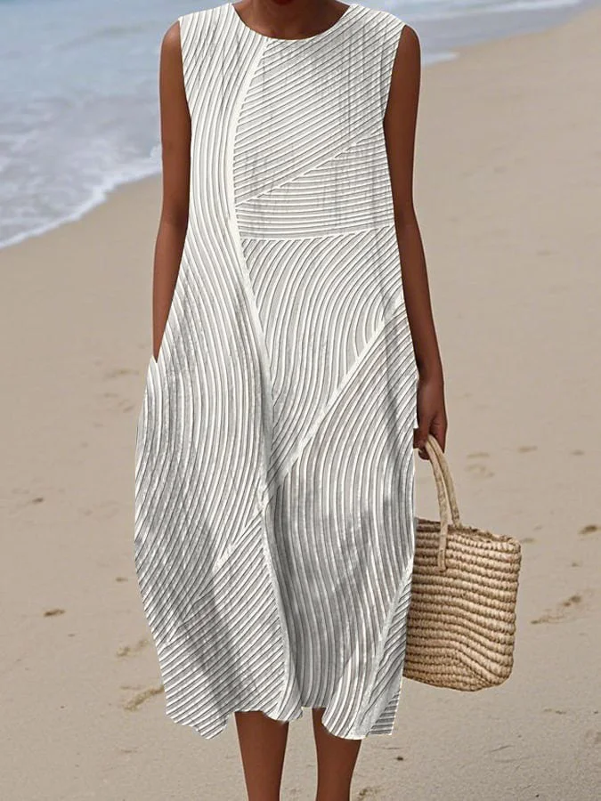 Women'S Casual Line Textured Print Sleeveless Dress 