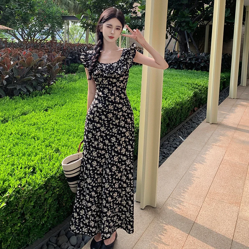 Zingj Zingj Black Dress Female Spring And Summer Long Flounce Skirt