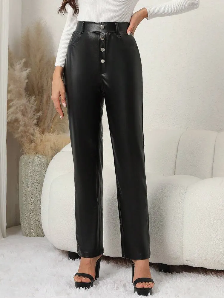 Women's Button Front Pu Straight-leg Pants