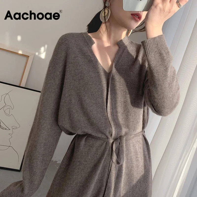 Aachoae Women Elegant Solid Midi Dress With Belt 2021 V Neck Korean Chic Dresses Long Sleeve Casual Knitted Sweater Dress Robe
