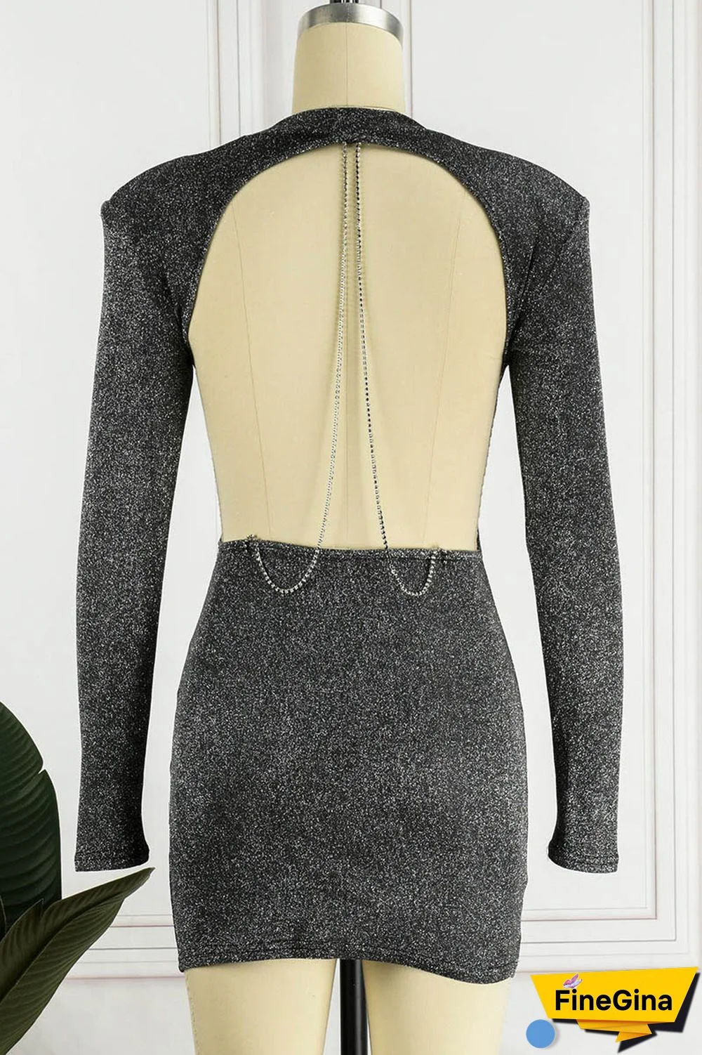 Black Sexy Solid Patchwork Chains Backless O Neck Pencil Skirt Dresses