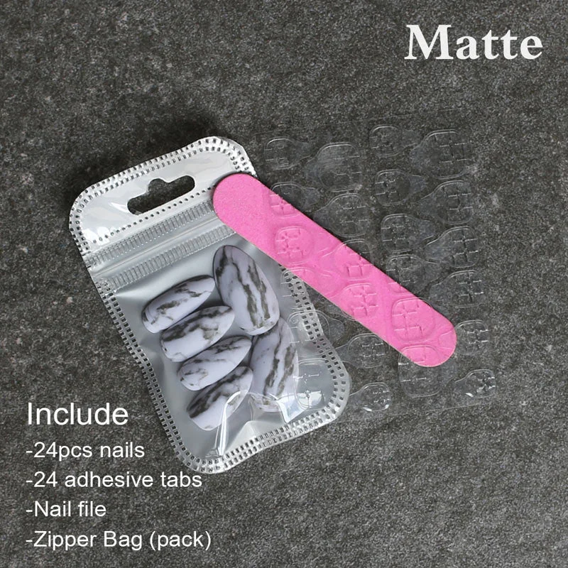 Marble matte Natural texture stiletto nails white medium fake nails glossy False nails point Tip high quality 24pcs full sets-Nail Inspo