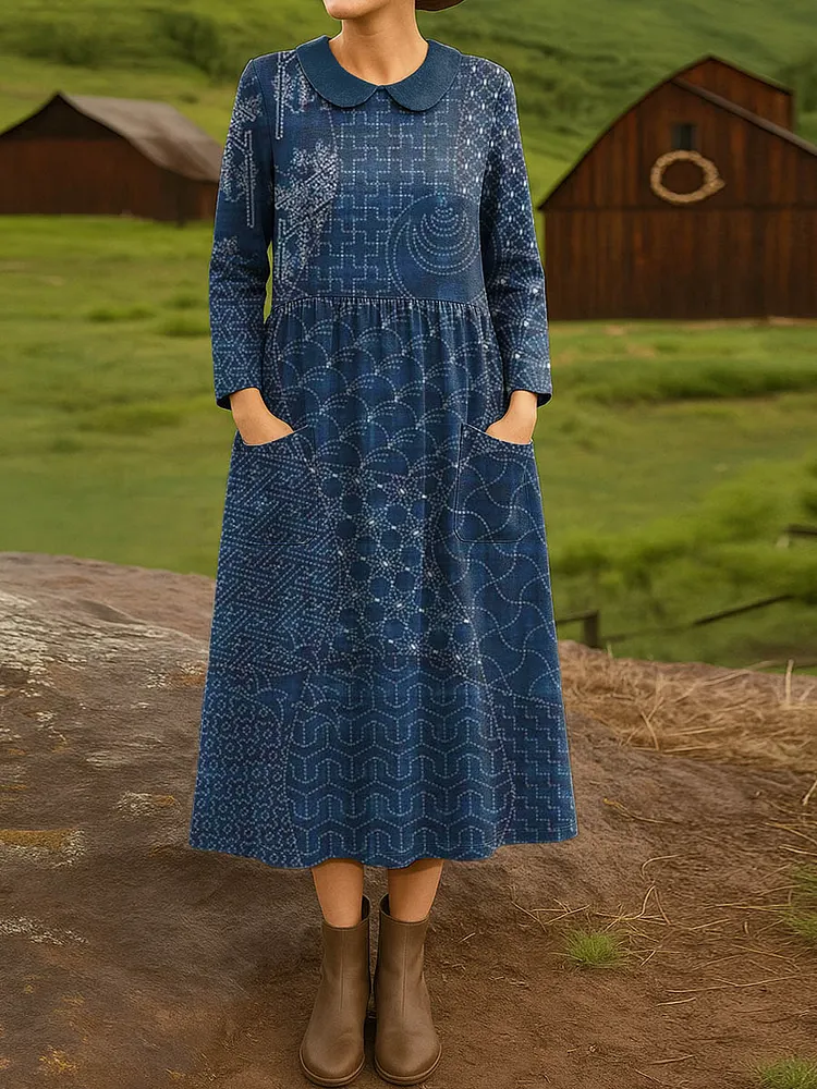 Women's Vintage Pattern Art Print Cotton Lapel Shirt Dress