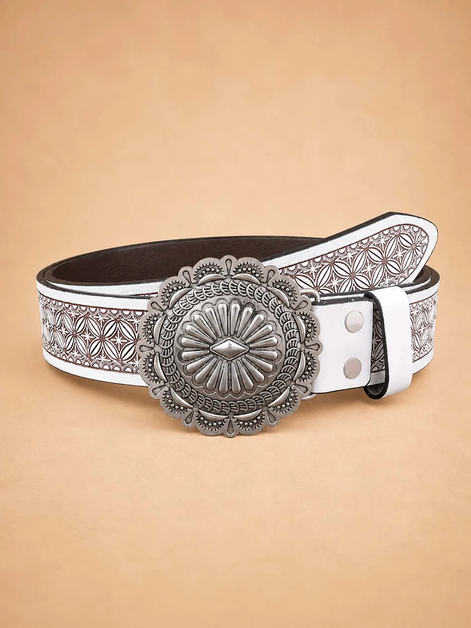 Perfect for an Autumn Music Festival, Dark Brown, Sunburst Silver Buckle Embossed, Premium Vegan Leather, Women's Western Belt