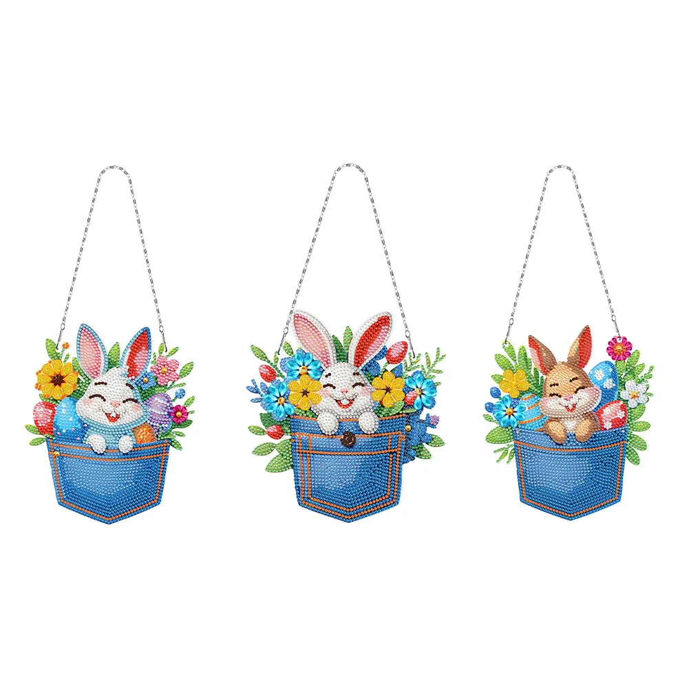 3Pcs Easter Bunny Diamond Painting Hanging Pendant DIY Diamond Art Pendant Kit