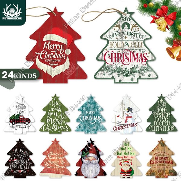 Putuo Decor-Christmas Sign Xmas Tree Shape Wooden Signs Navidad Gifts for New Year Home Decor（5.9"×7"）