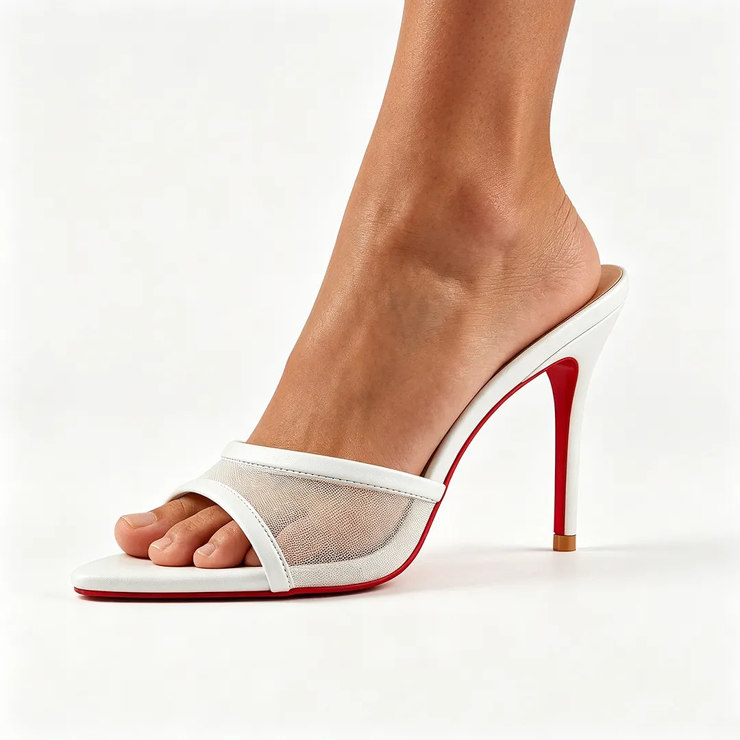 100mm Women's High Heel Red Bottom Sandals, Pointed Toe Open-Toe Mesh Mules with Slip-On Slim Heels
