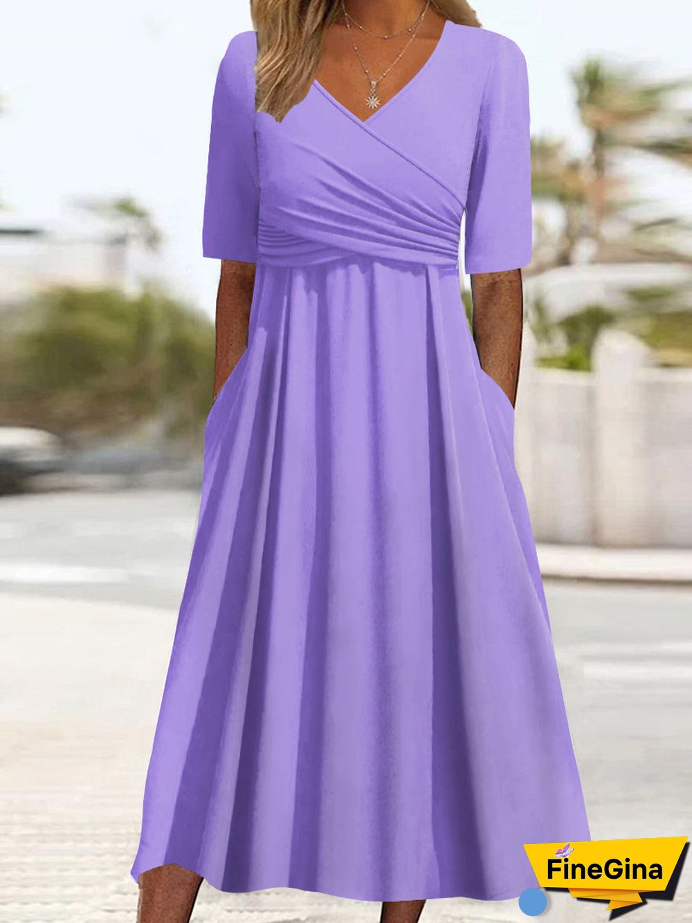Women's Half Sleeve V-neck Solid Color Midi Dress