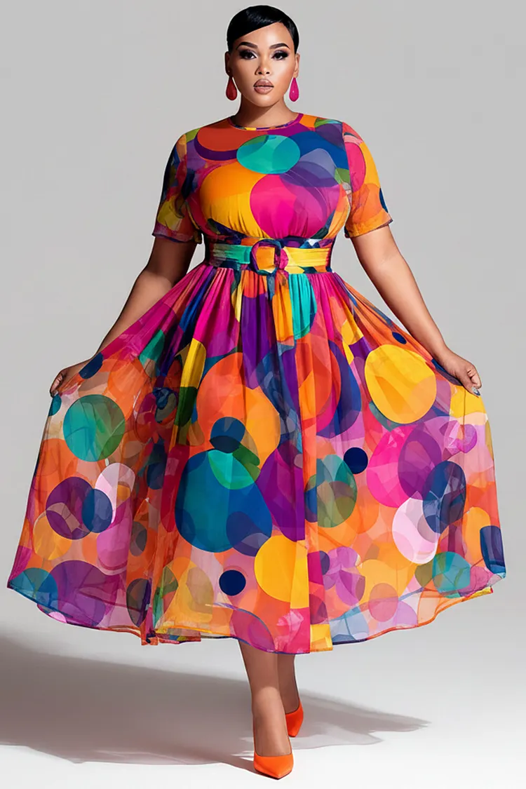 Xpluswear Design Plus Size Party Multicolor Graphic Round Neck Short Sleeve Wrap Chiffon Midi Dresses [Pre-Order] 2024 - Xpluswear