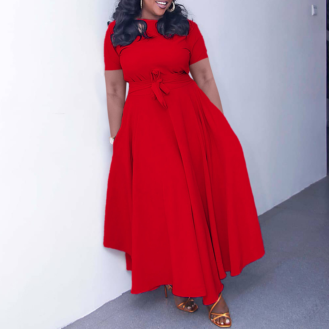 Women's Summer Fashion Chic Solid Short Sleeve A-Line Africa Plus Size Dress