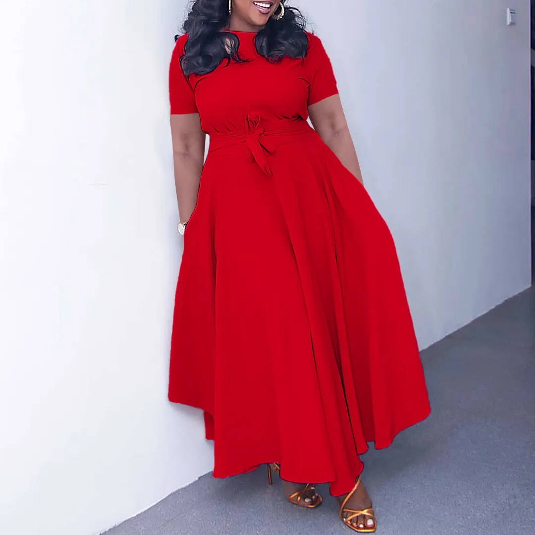 Women's Summer Fashion Chic Solid Short Sleeve A-Line Africa Plus Size Dress