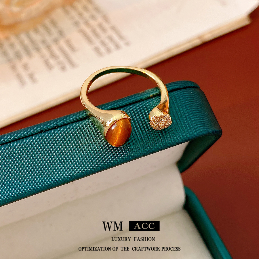 Zircon tiger's eye irregular open ring niche and high-end exquisite index finger ring fashionable retro light luxury jewelry