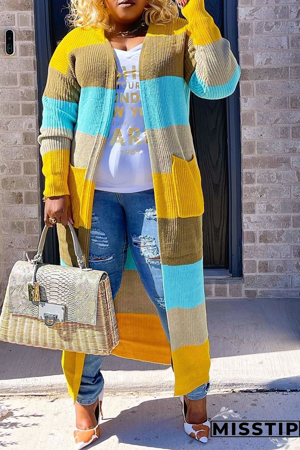 Blue Plus Size Daily Striped Cardigan