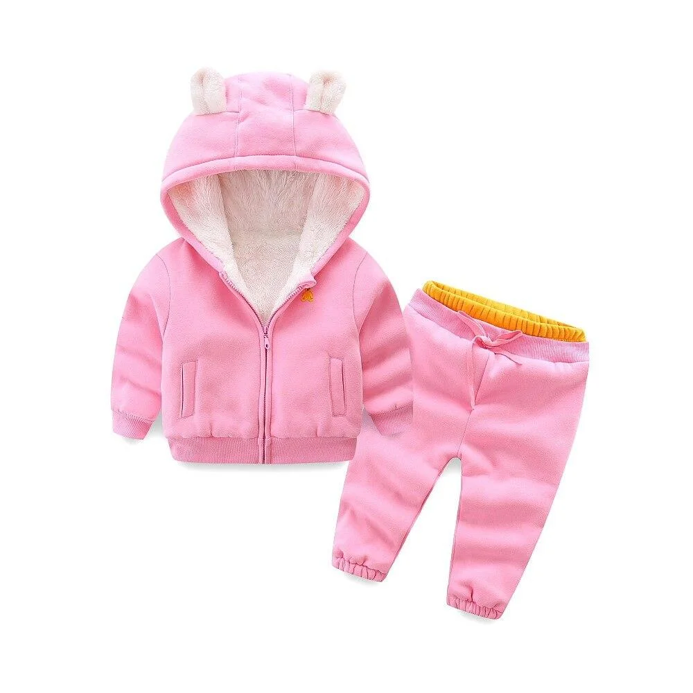 Autumn and winter boys and girls clothes set children plus fleece suit casual warm thick cartoon bear clothing sportswear