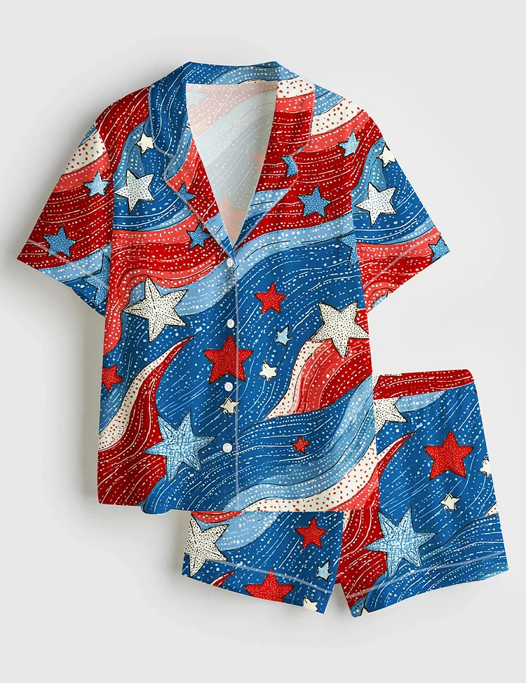 Women&rsquo;s Stars And Stripes Independence Day The 4th Of July Red White Blue Short Sleeve Satin Pajama Set