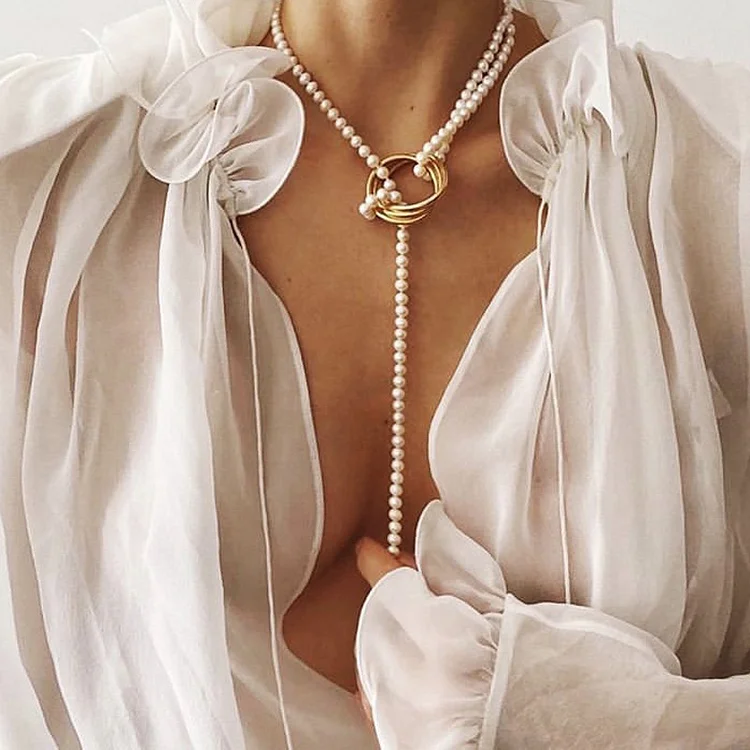Retro White Pearl Geometric Metal Necklace Bracelet Jewelry Set