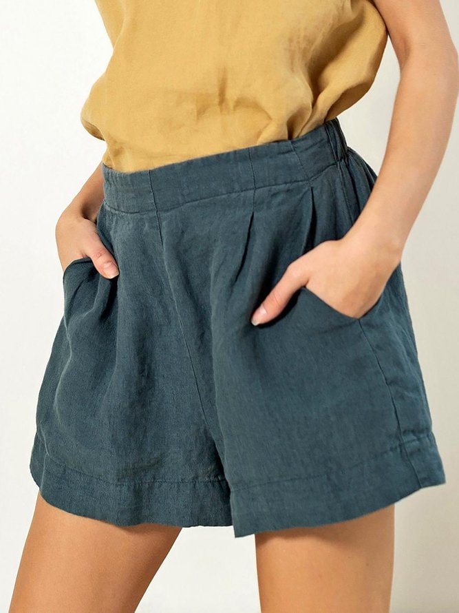 Casual Elasticated Waist Cotton Linen Front Pleated Shorts
